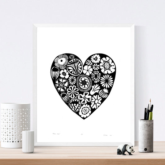 Botanical heart shaped print in monochrome black with simple Scandinavian style patterns. Inspired by the indigenous Fynbos flowers of South Africa.