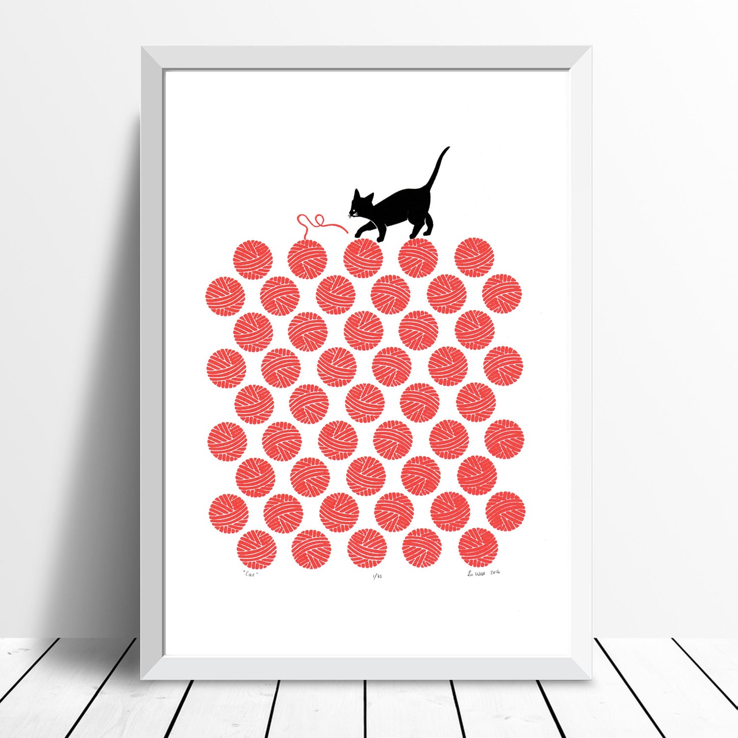 Hello Kitty! Limited Edition silkscreen print of a playful little cat entangled in a dotty pattern of bright cherry red balls of knitting wool.