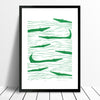 Graphic emerald green patterned art print of crocodiles lurking in the waters. Inspired by the simple shapes of animals found in African wood carvings.