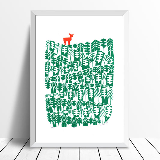 Beautifully illustrated print of a little deer in leafy Scandinavian style woodlands with pine trees. Inspired by the green spaces of Richmond Park in London.