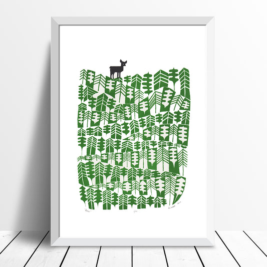Deer Screen Print in Pine Green and Black