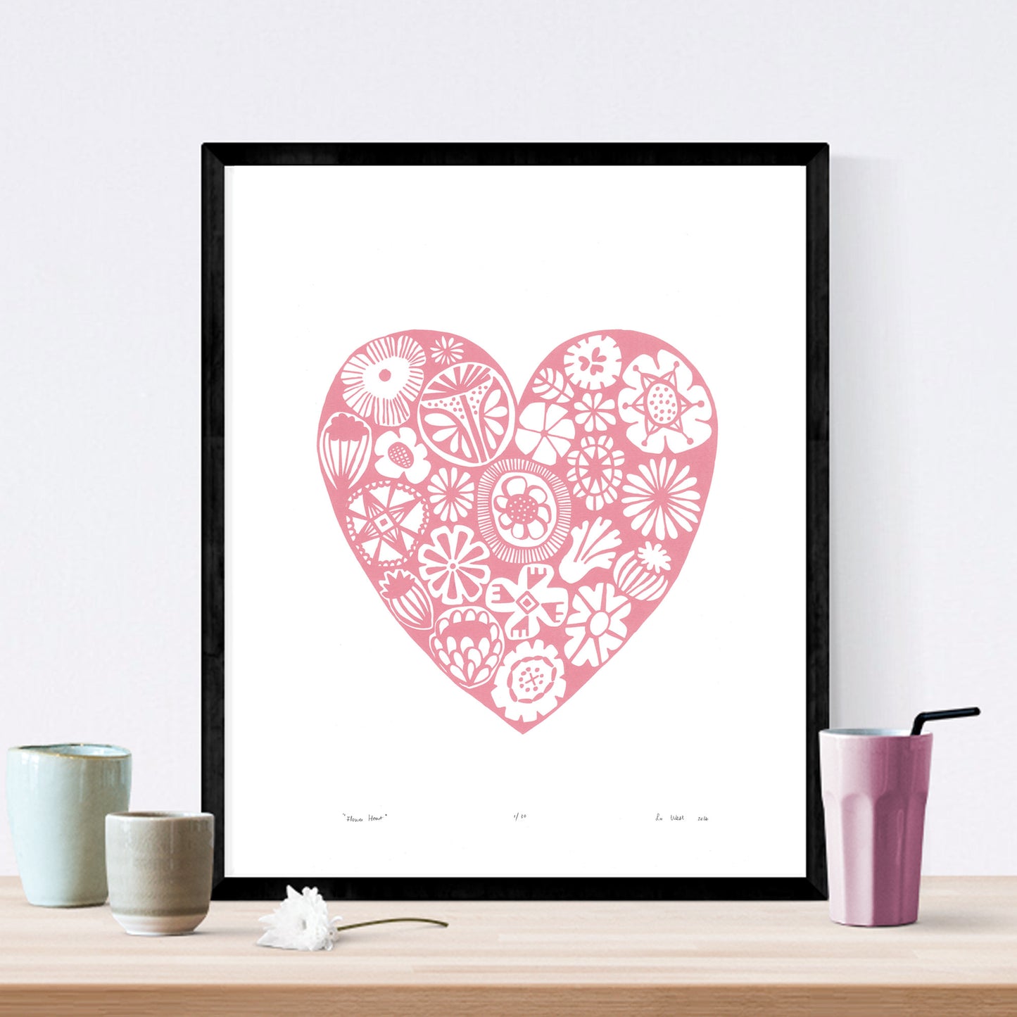 Botanical heart shaped print in pretty pastel rose quartz pink in a simple Scandinavian style. Inspired by the indigenous Fynbos flowers of South Africa.