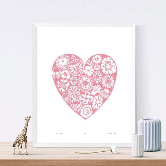 Botanical heart shaped print in pretty pastel rose quartz pink in a simple Scandinavian style. Inspired by the indigenous Fynbos flowers of South Africa.
