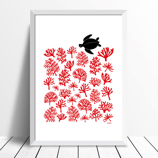 Sea Turtle Reef Giclee Print in Aurora Red