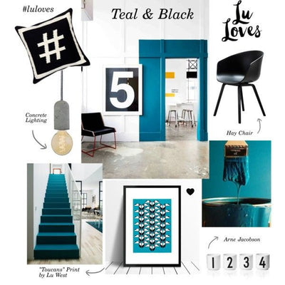 Interiors mood board featuring Lu West'sToucans tropical bird Screen Print in teal and black