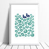 Delightful print of midnight blue ducks in a pond of green floating water lilies. The simple botanical patterns will bring a sense of calm to your home.