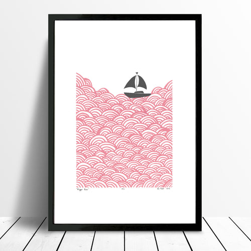 Limited edition print of a little yacht sailing the big blue. The beautiful simplicity of this graphic pastel pink Scandinavian coastal landscape is fresh and fun.