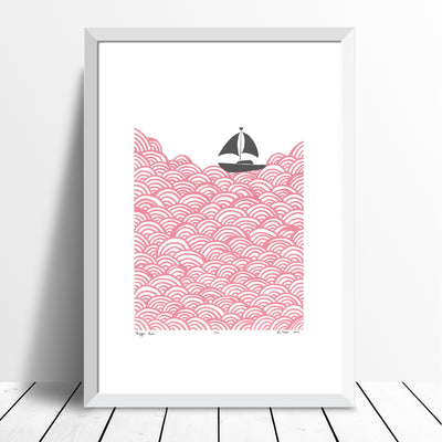 Limited edition print of a little yacht sailing the big blue. The beautiful simplicity of this graphic pastel pink Scandinavian coastal landscape is fresh and fun.