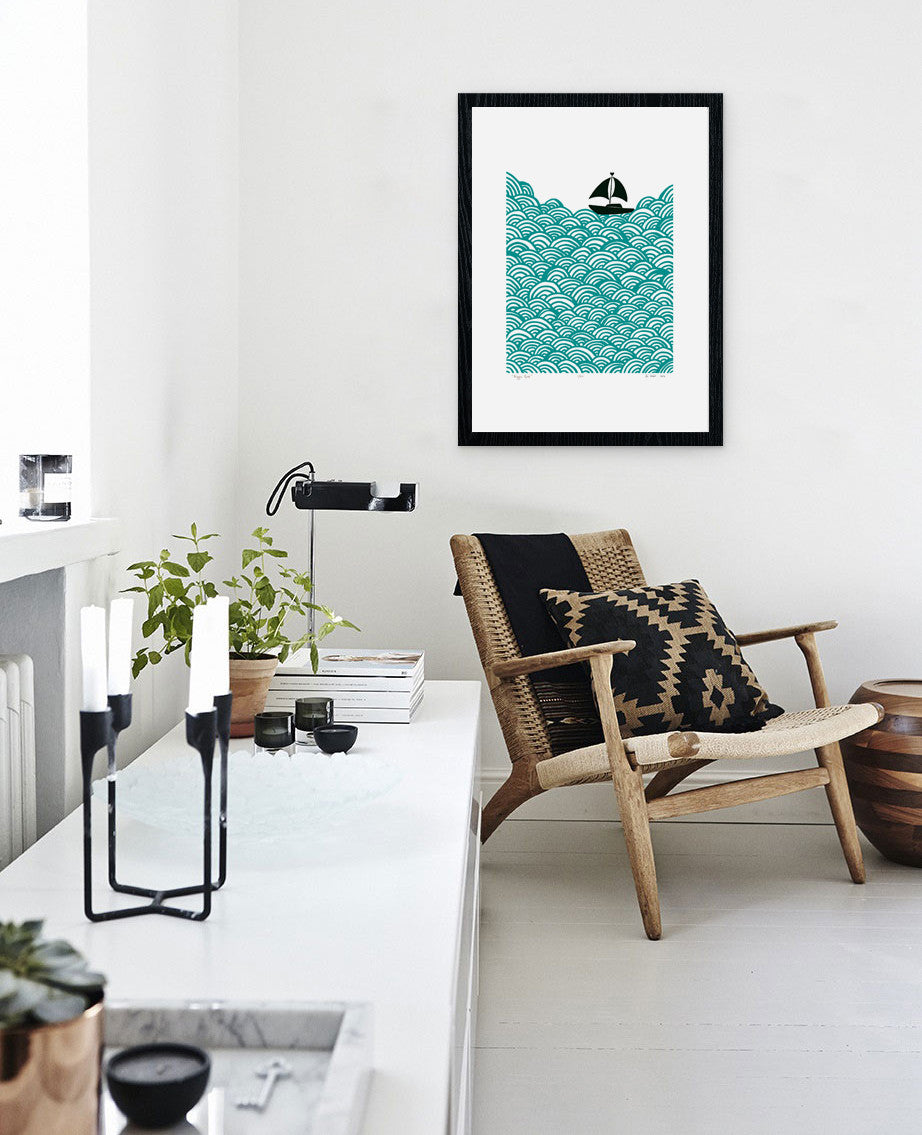 Nautical Scandinavian style print of a little yacht sailing the big blue. 