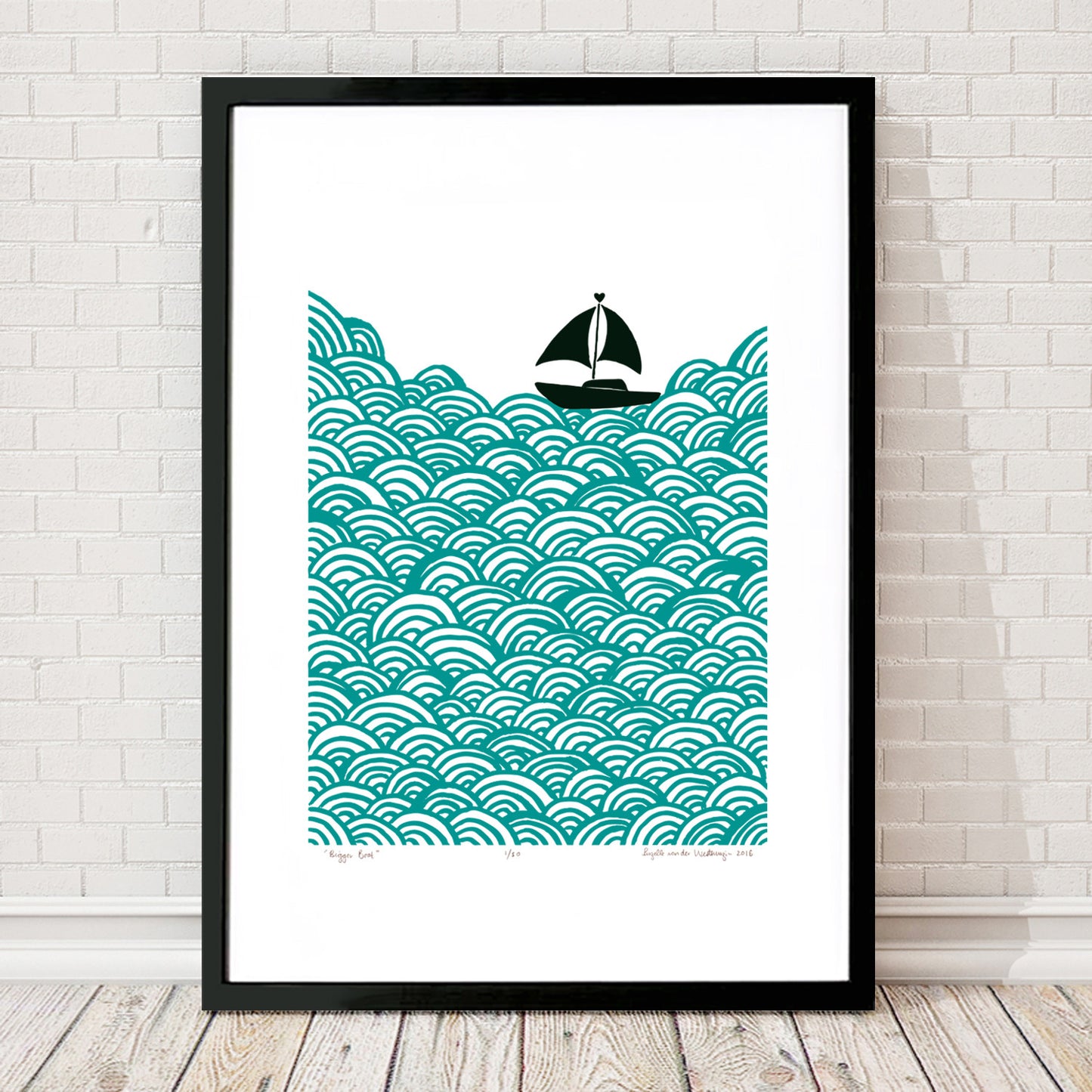 Nautical Scandinavian style print of a little yacht sailing the big blue. 