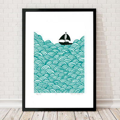 Nautical Scandinavian style print of a little yacht sailing the big blue.