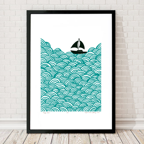 Nautical Scandinavian style print of a little yacht sailing the big blue. 