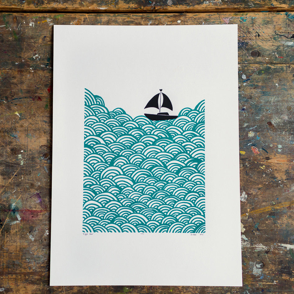 Nautical Scandinavian style print of a little yacht sailing the big blue. 