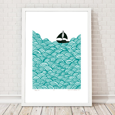 Nautical Scandinavian style print of a little yacht sailing the big blue.