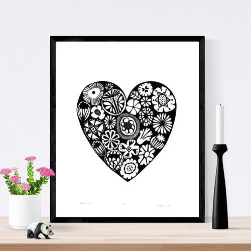 Botanical heart shaped print in monochrome black with simple Scandinavian style patterns. Inspired by the indigenous Fynbos flowers of South Africa.