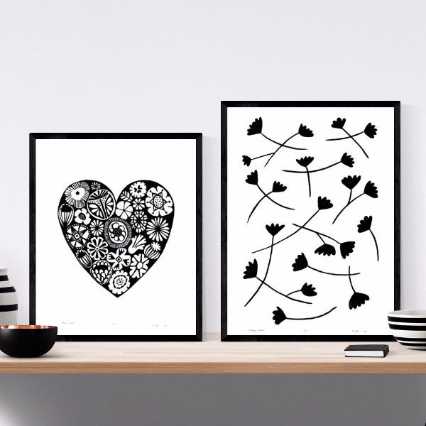 Botanical heart shaped print in monochrome black with simple Scandinavian style patterns. Inspired by the indigenous Fynbos flowers of South Africa.