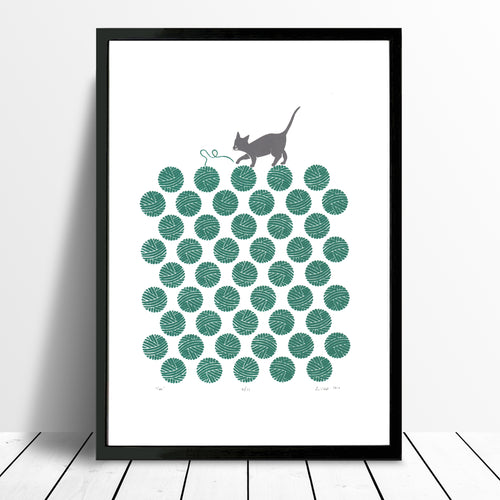 Cat Screen Print in Teal Green
