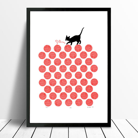 Hello Kitty! Limited Edition silkscreen print of a playful little cat entangled in a dotty pattern of bright cherry red balls of knitting wool.