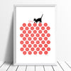 Hello Kitty! Limited Edition silkscreen print of a playful little cat entangled in a dotty pattern of bright cherry red balls of knitting wool.