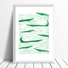Graphic emerald green patterned art print of crocodiles lurking in the waters. Inspired by the simple shapes of animals found in African wood carvings.