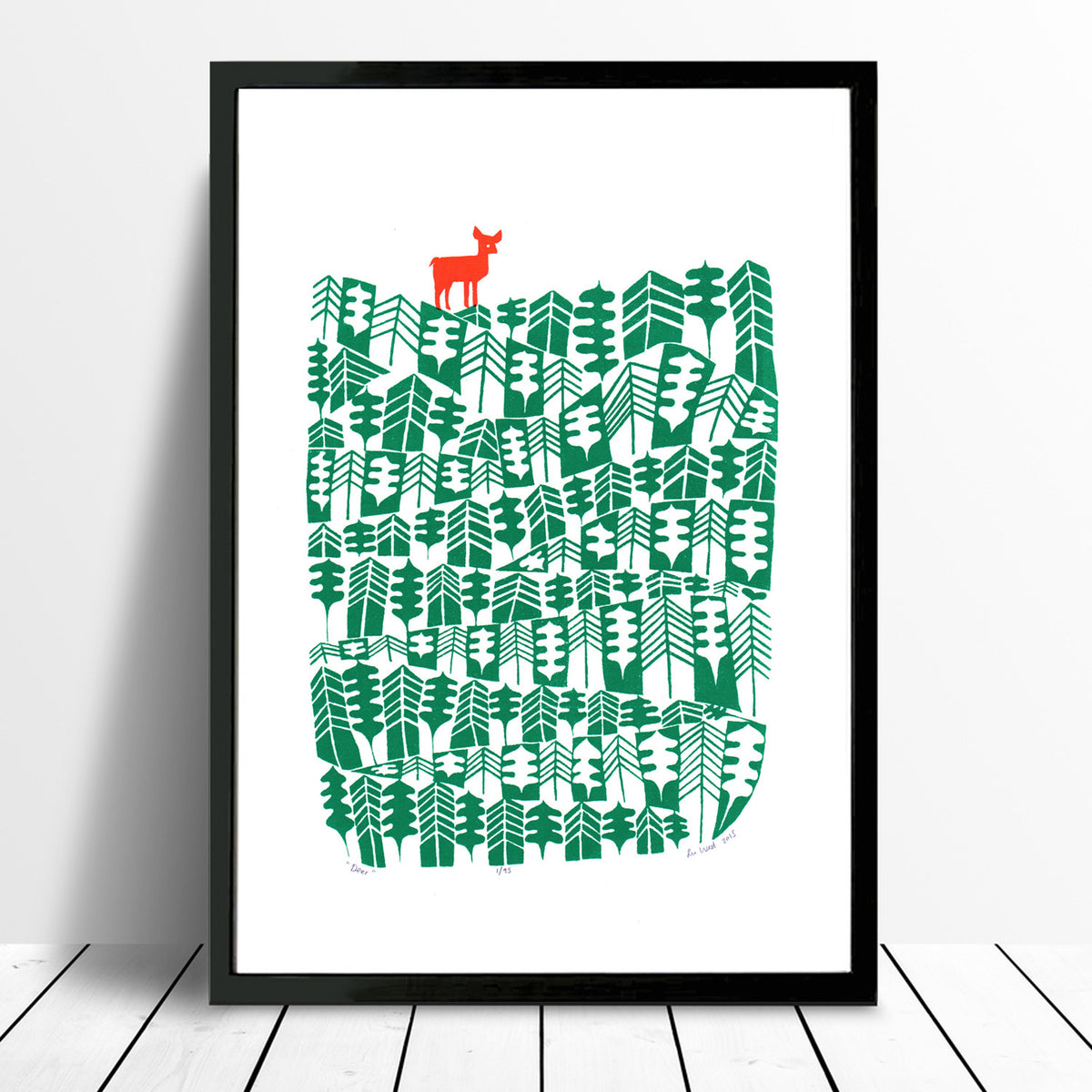 Beautifully illustrated print of a little deer in leafy Scandinavian style woodlands with pine trees. Inspired by the green spaces of Richmond Park in London.