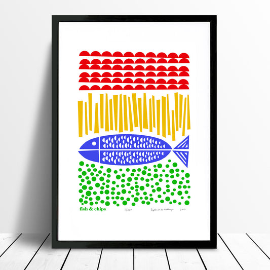 Nautical style Fish and Chips print with simple Scandinavian folk patterns. The bold primary colours of this coastal artwork will bring a quirky beach vibe to your home.