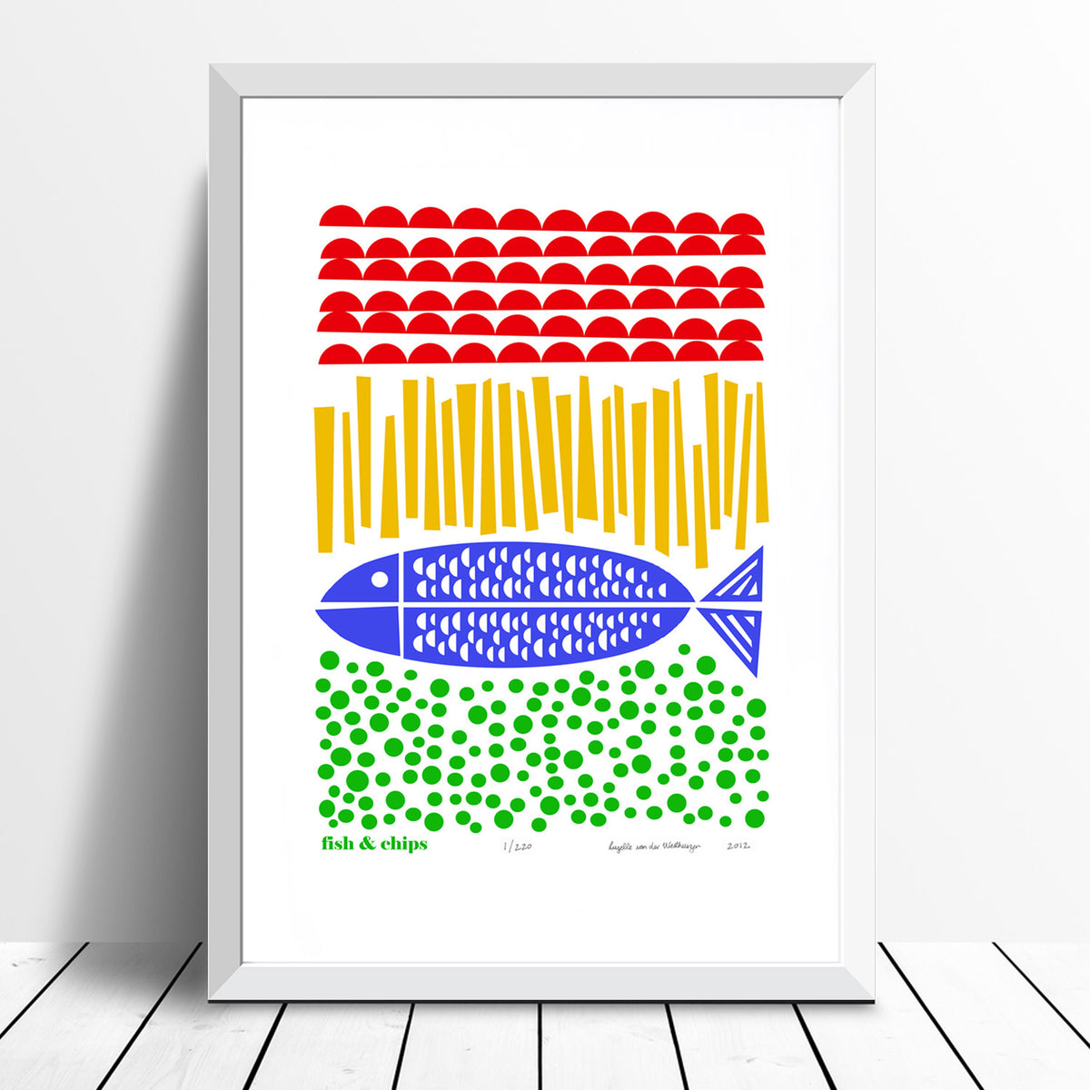 Nautical style Fish and Chips print with simple Scandinavian folk patterns. The bold primary colours of this coastal artwork will bring a quirky beach vibe to your home.