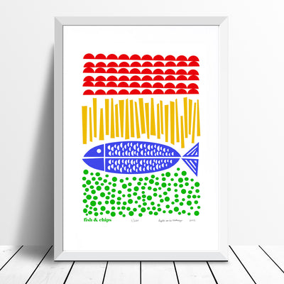 Nautical style Fish and Chips print with simple Scandinavian folk patterns. The bold primary colours of this coastal artwork will bring a quirky beach vibe to your home.