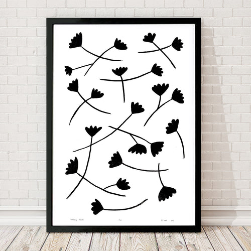 Simple and elegant botanical print with monochrome, graphic flower shapes. This minimalist, Scandinavian print is inspired by the bold florals of the Sixties. 