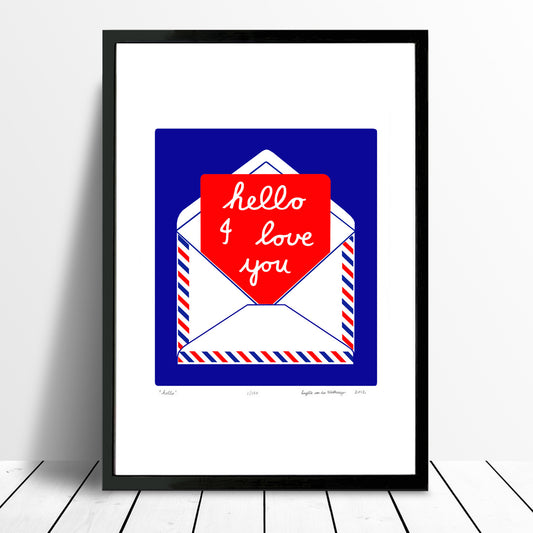 Charming and romantic fine art print of a handwritten I Love You note in a postal envelope in deep cobalt blue and red. Inspired by Sixties Pop Art style.