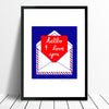 Charming and romantic fine art print of a handwritten I Love You note in a postal envelope in deep cobalt blue and red. Inspired by Sixties Pop Art style.
