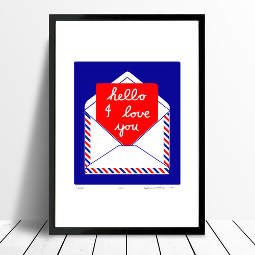 Charming and romantic fine art print of a handwritten I Love You note in a postal envelope in deep cobalt blue and red. Inspired by Sixties Pop Art style.