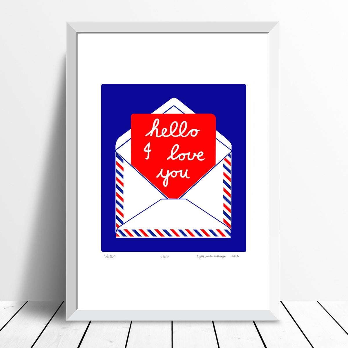 Charming and romantic fine art print of a handwritten I Love You note in a postal envelope in deep cobalt blue and red. Inspired by Sixties Pop Art style.
