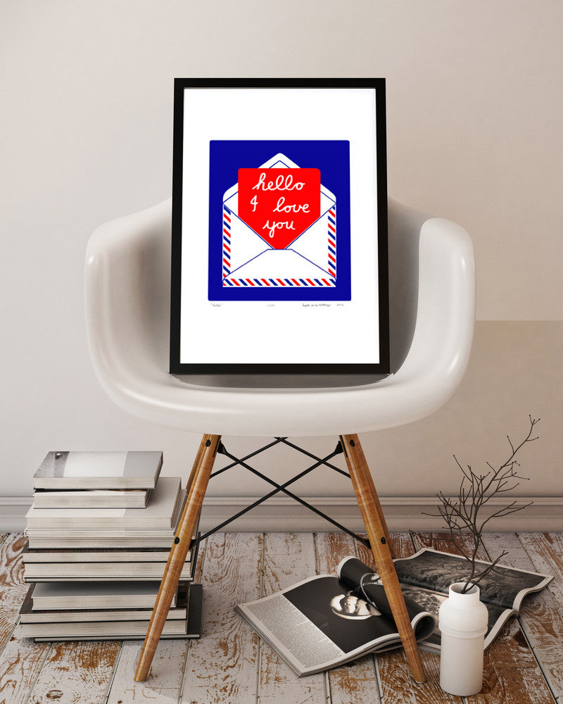 Charming and romantic fine art print of a handwritten I Love You note in a postal envelope in deep cobalt blue and red. Inspired by Sixties Pop Art style.