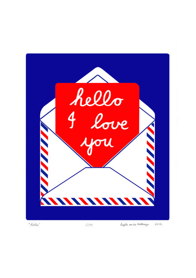 Hello Screen Print in Cobalt and Crimson