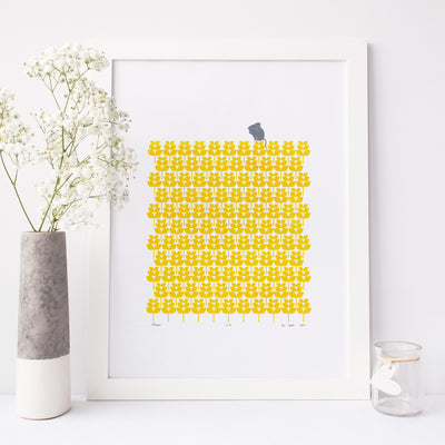Adorable print of a little mouse with a harvest of buttercup yellow wheat fields. This bright print will add a touch of modern retro Scandinavian to your home.