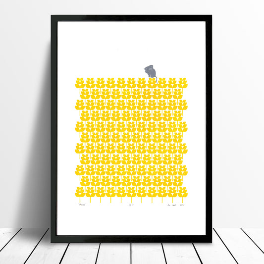 Adorable print of a little mouse with a harvest of buttercup yellow wheat fields. This bright print will add a touch of modern retro Scandinavian to your home.