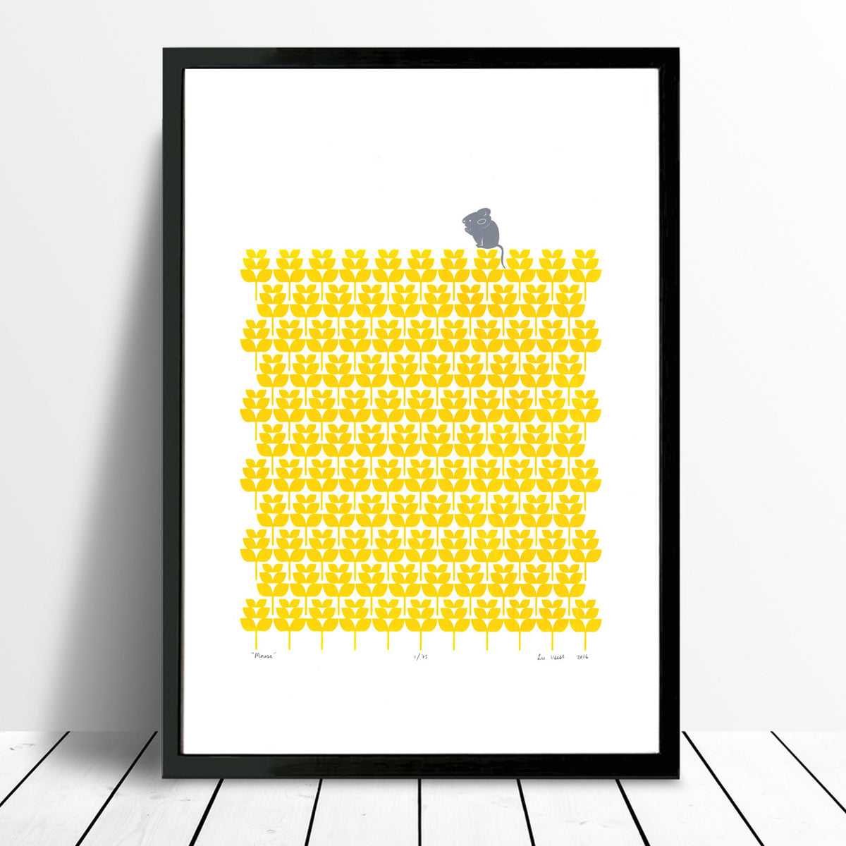 Adorable print of a little mouse with a harvest of buttercup yellow wheat fields. This bright print will add a touch of modern retro Scandinavian to your home.