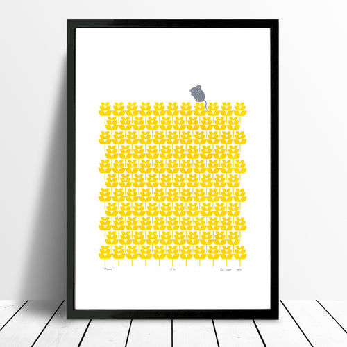 Adorable print of a little mouse with a harvest of buttercup yellow wheat fields. This bright print will add a touch of modern retro Scandinavian to your home.