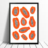 Illustrated Scandinavian style print of juicy Papayas. The simple shapes of the tropical fruit in warm burnt orange creates contrast with the dotty black seeds.