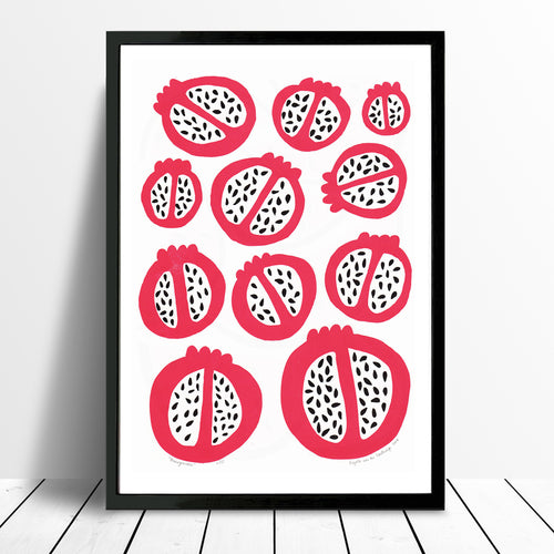 Scandinavian style kitchen wall art print of simple pomegranates. This bold red pattern of fruit creates contrast with the organic pomegranate seed shapes.