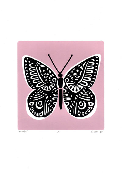 Graphic illustrated black butterfly with on trend pastel powder pink. The sugary hue of this limited edition art print will add romantic charm to your space.