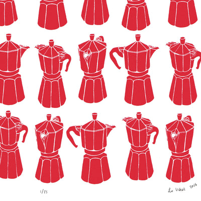 Retro style graphic pattern print of the classic Italian stovetop coffeemaker in bold firetruck red. This simply illustrated art print is playful and modern.