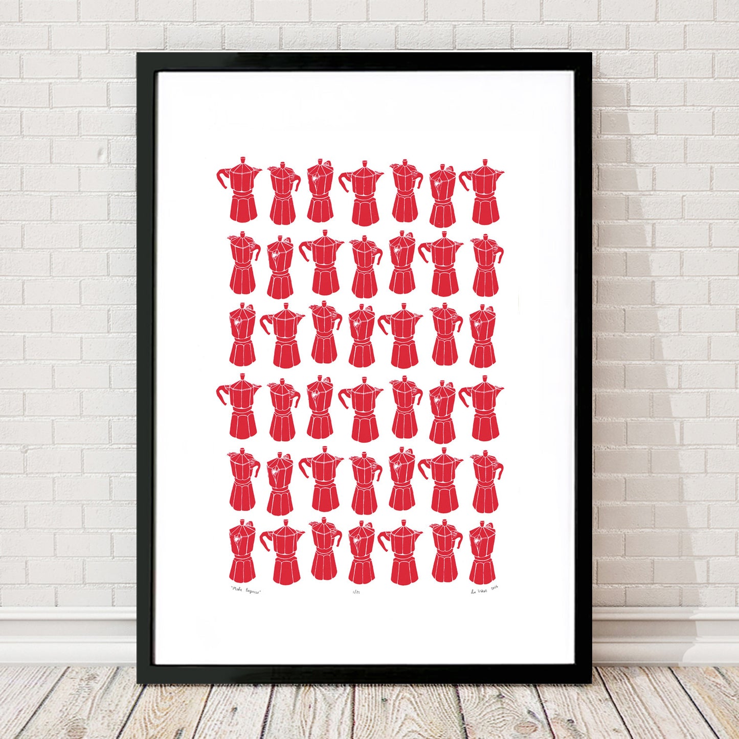 Retro style graphic pattern print of the classic Italian stovetop coffeemaker in bold firetruck red. This simply illustrated art print is playful and modern.