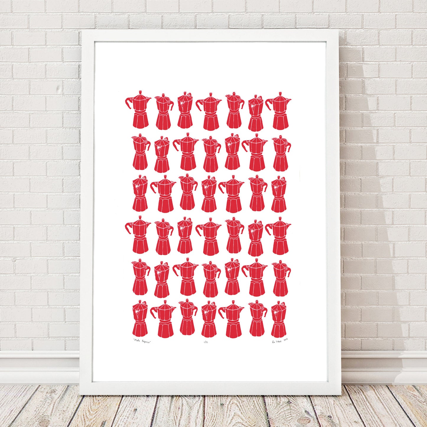 Retro style graphic pattern print of the classic Italian stovetop coffeemaker in bold firetruck red. This simply illustrated art print is playful and modern.
