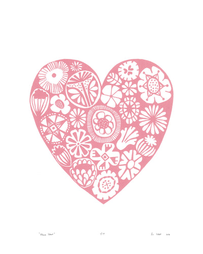 Botanical heart shaped print in pretty pastel rose quartz pink in a simple Scandinavian style. Inspired by the indigenous Fynbos flowers of South Africa.