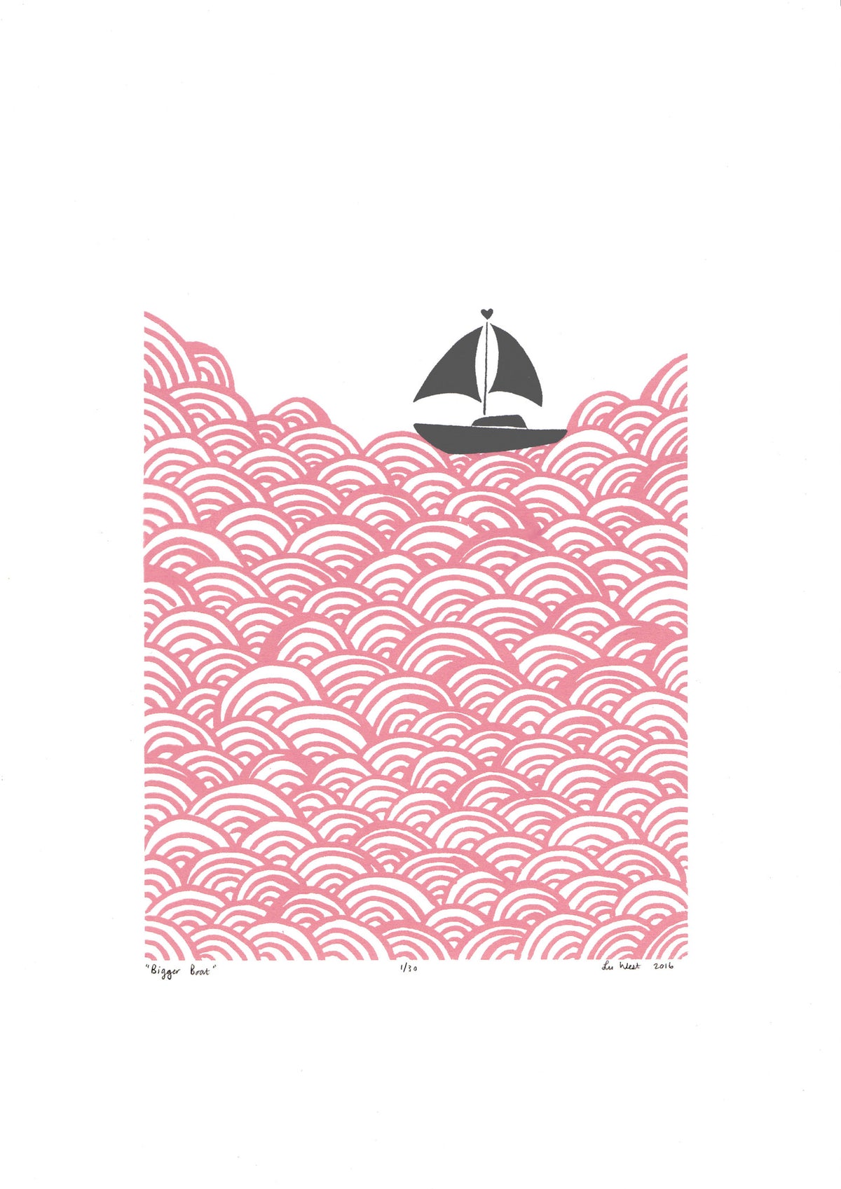 Limited edition print of a little yacht sailing the big blue. The beautiful simplicity of this graphic pastel pink Scandinavian coastal landscape is fresh and fun.