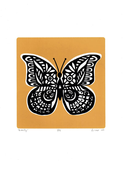 Graphic botanical butterfly print with rich and spicy saffron hue. Add a hit of statement golden yellow sunshine to your home with this limited edition artwork.