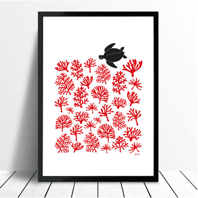 Sea Turtle Reef Giclee Print in Aurora Red