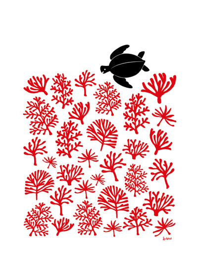 Sea Turtle Reef Giclee Print in Aurora Red
